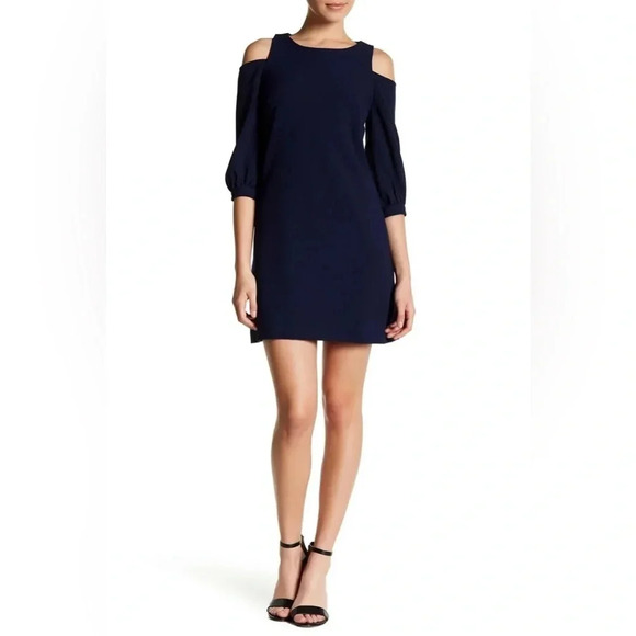 NWT Eliza J Cold Shoulder Crepe Shift V-neck Dress in Navy Blue size 10 - Picture 16 of 16
